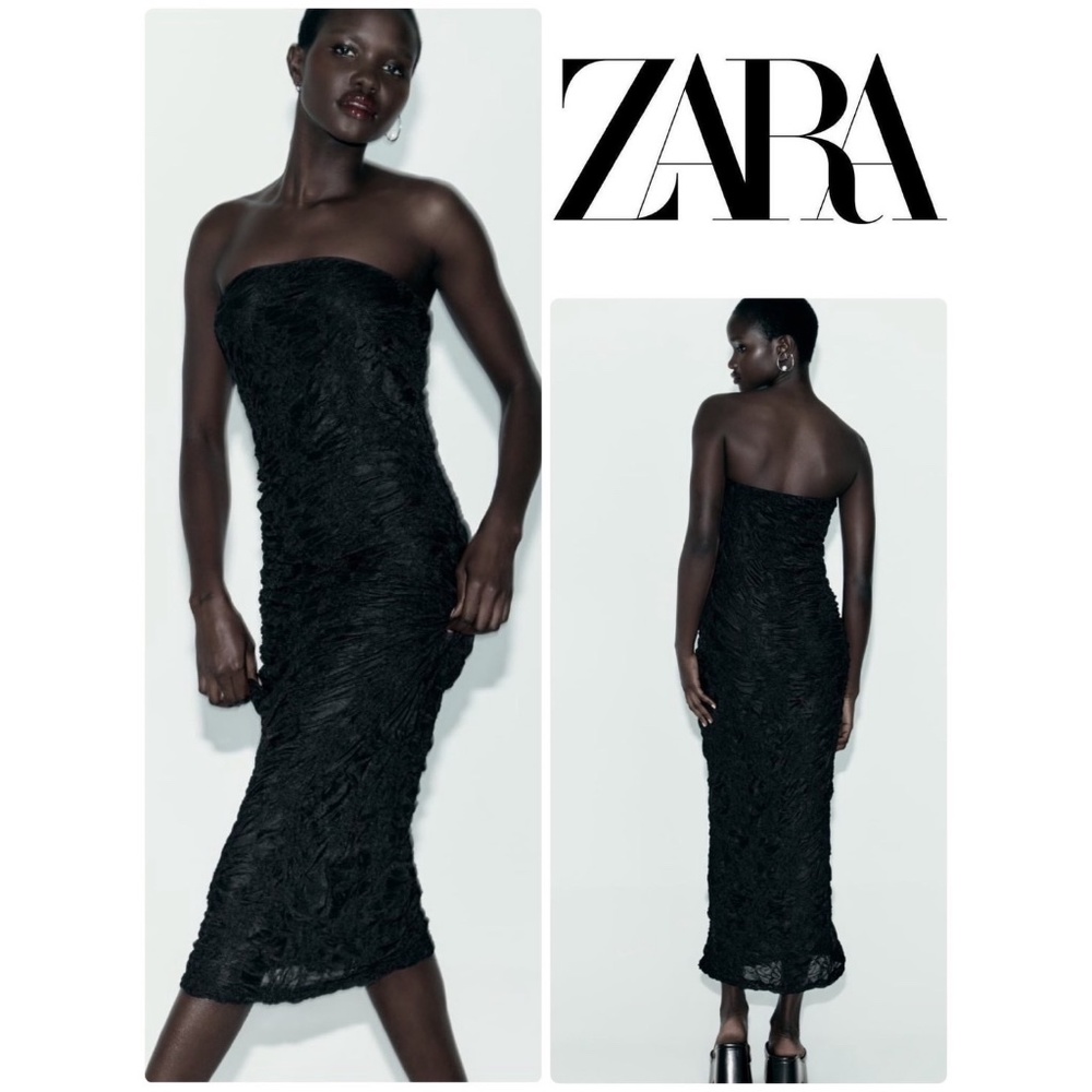 NWT ZARA STRAPLESS FITTED LACE DRESS S BLACK